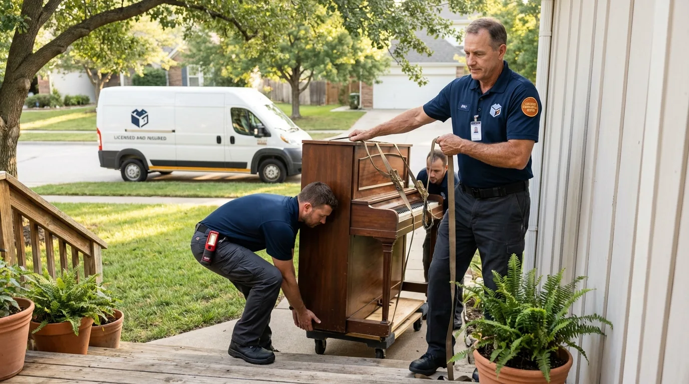 Licensed piano movers securing grand piano in South Deerfield, MA
