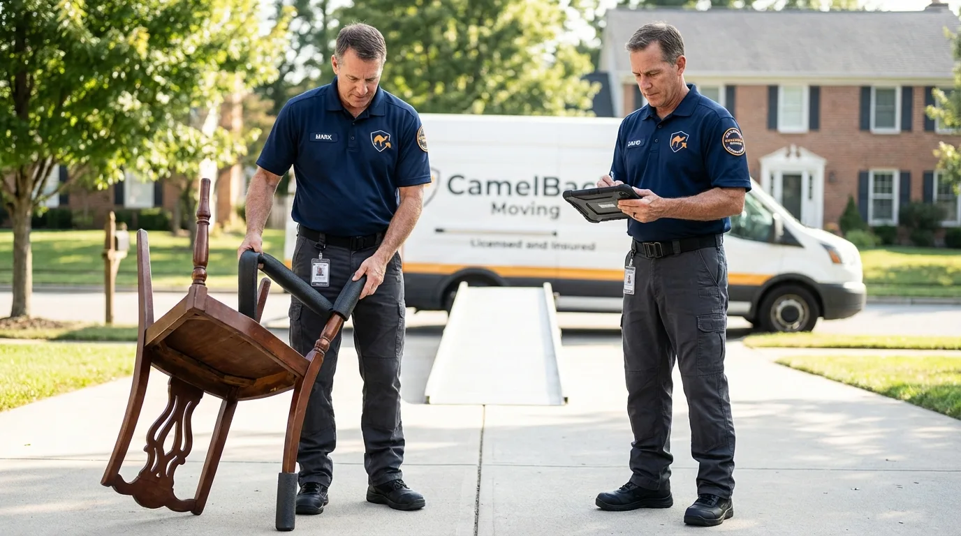 Movers inspecting furniture for damage prevention before loading in South Deerfield, MA