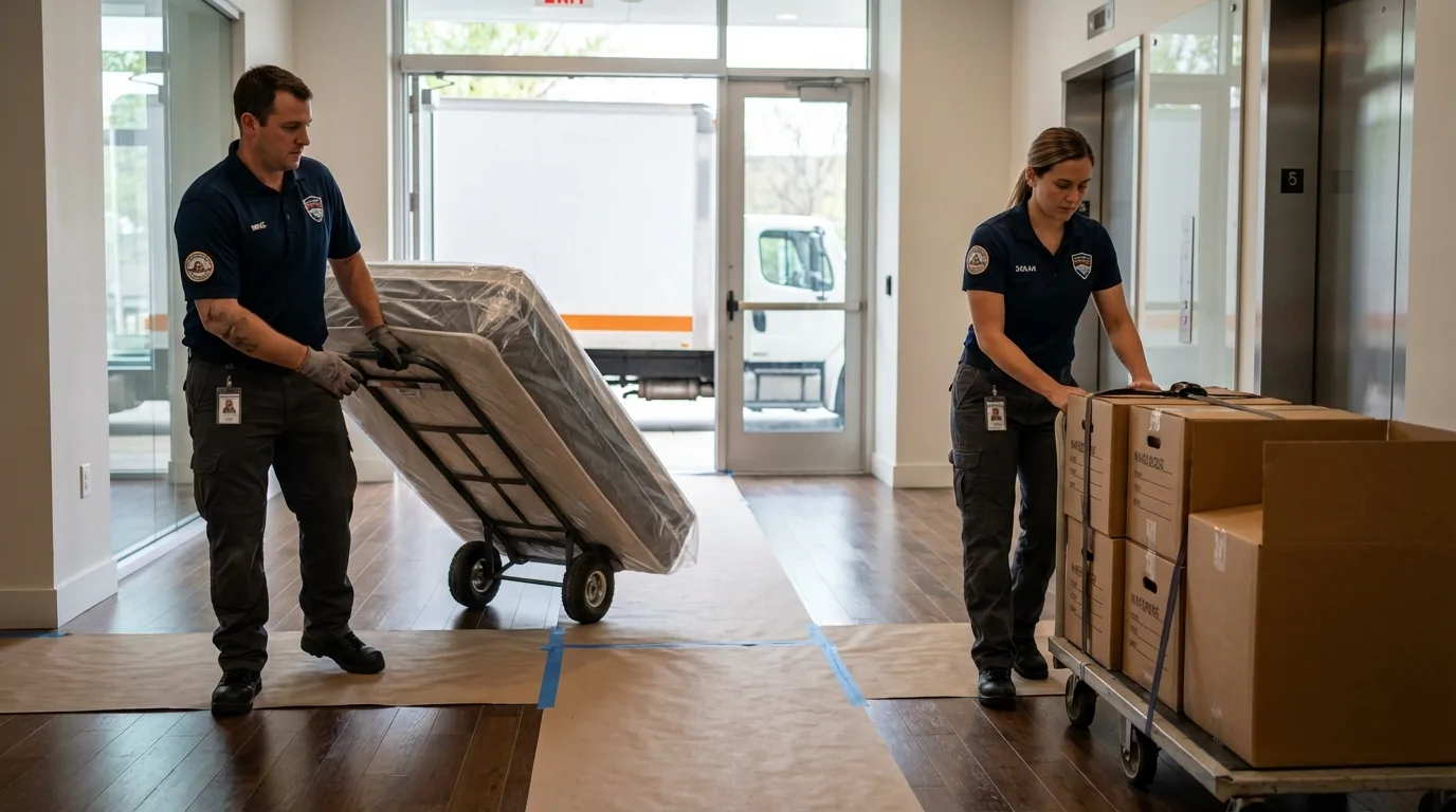 Professional apartment movers loading elevator in South Deerfield, MA