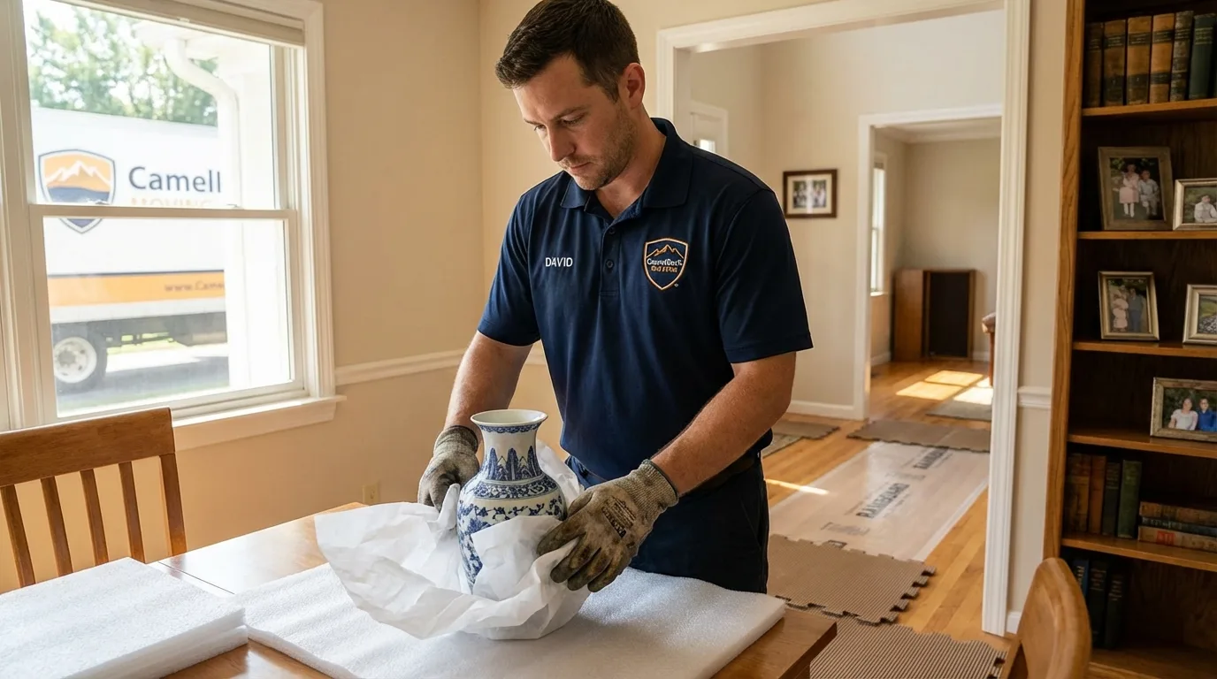 Professional crew carefully wrapping antique vase for senior downsizing move in South Deerfield, MA