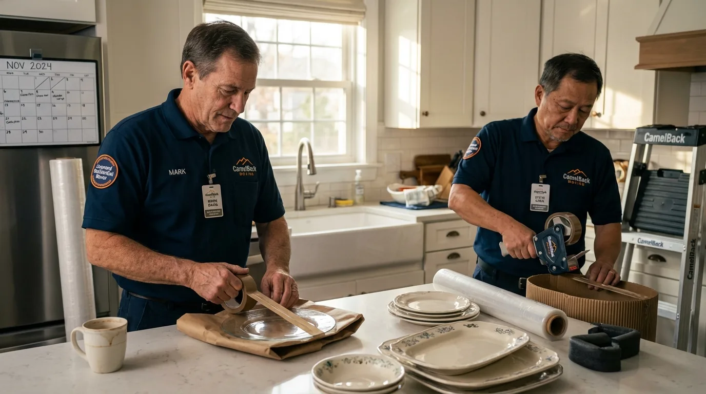 Professional crew packing kitchen dishware in South Deerfield, MA